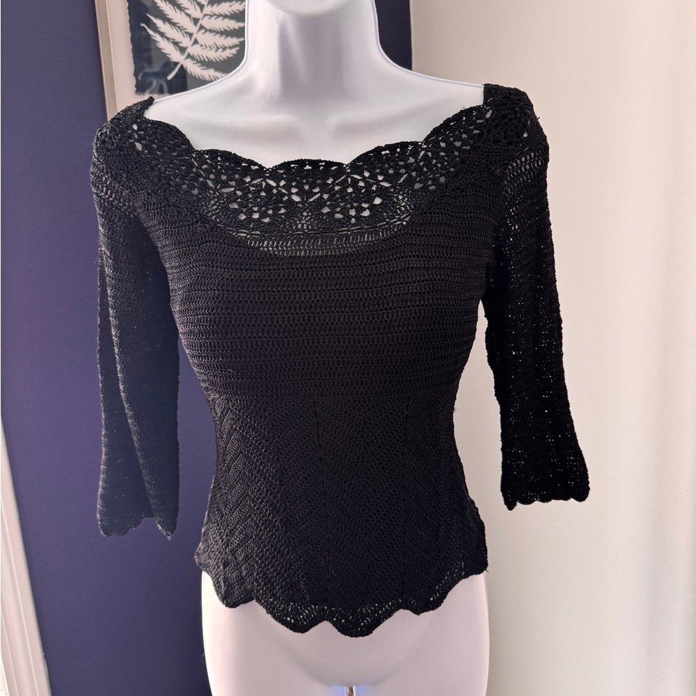 Black open weave boat neck sweater. Size Small